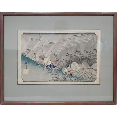 Antique Japanese Ukiyo-e Woodblock Print by Hiroshige From "53 Stations of The Tokaido". This 