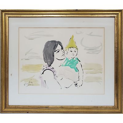 Marcel Vertes, Hungarian/American (1895-1961) Large Painting Watercolor on Paper. "Mother w/ 