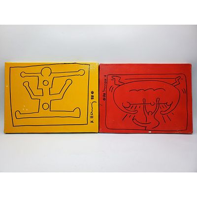 After Keith Haring, 2 Mixed Media on Canvas. After Keith Haring, American (1958-1990), Lot of 2 