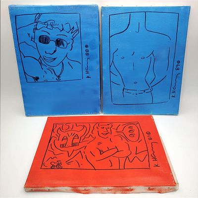 After Keith Haring, 3 Mixed Media on Canvas. After Keith Haring, American (1958-1990), Lot of 3 