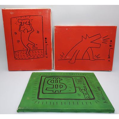 After Keith Haring, 3 Mixed Media on Canvas. After Keith Haring, American (1958-1990), Lot of 3 