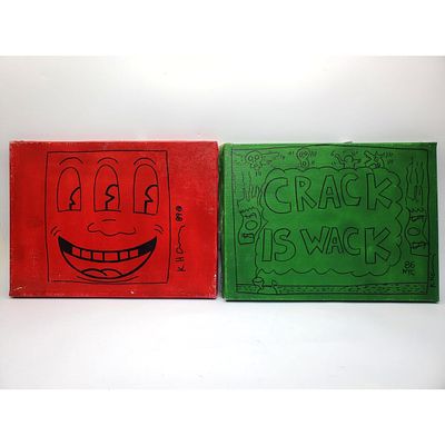 After Keith Haring, 2 Mixed Media on Canvas. After Keith Haring, American (1958-1990), Lot of 2 