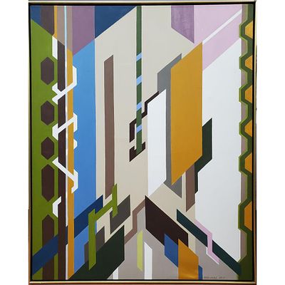 Signed Rothschild Large Painting Oil on Canvas. Geometric Design. Dated 82. In Original Frame. 