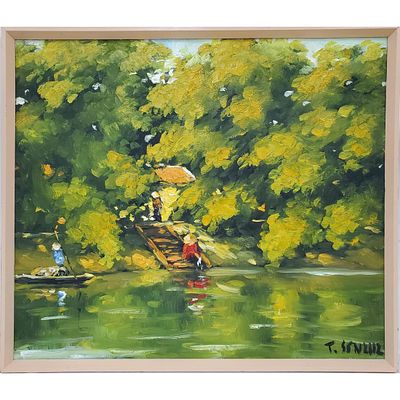 Le Thanh Son (Vietnamese, Born 1962) Painting Oil on Canvas "Lake Scene". Signed Lower Right. 