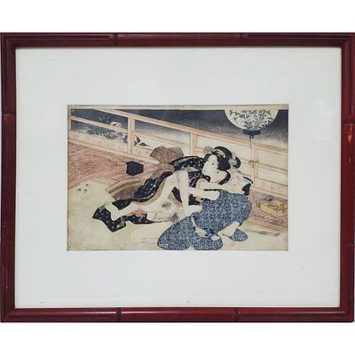 Antique Japanese Shunga Erotic Woodblock Print. Antique 19th C. Japanese Shunga Erotic Woodblock 