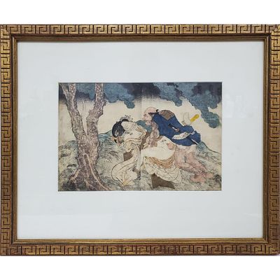 Antique Japanese Shunga Erotic Woodblock Print. Antique 19th C. Japanese Shunga Erotic Woodblock 