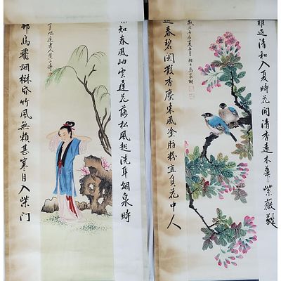 Lot of 2 Chinese Signed Scroll Paintings. 1 is Depicting Birds on Branches w/ Flowers. The 