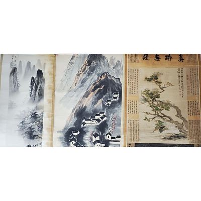 Lot of 3 Chinese Signed Scroll Paintings. 2 Are Depicting Landscapes. Condition: Generally Good 