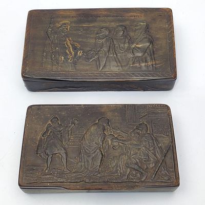 Lot of 2 Antique Horn Snuff Boxes Depicting Roman or Biblical Subjects. Condition: Generally 