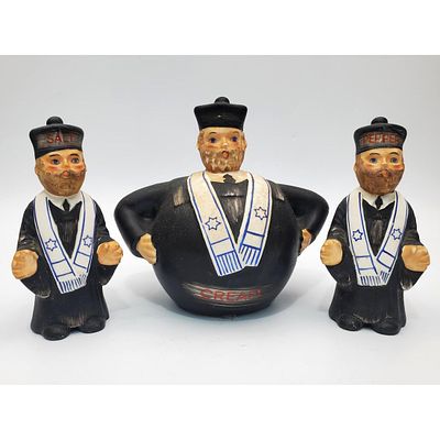 Judaica Vintage Lot of 3 Ceramic Rabbi Figures by Tsvi. Fully Marked. Condition: Generally Very 