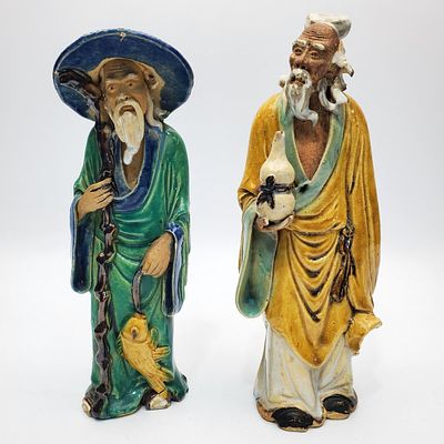 Lot of 2 Antique Chinese Glazed Pottery Figures of Old Wise Men. Condition: Generally Good. 