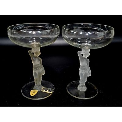 Pair of Antique French Bayel Champagne Glasses w/ Grecian Figure Stems. Marked. Condition: 