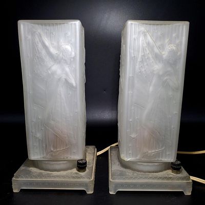 Lot of 2 Antique Tiffin Glass Table Lamps. Circa 1920's. Condition: With Chips &amp; Losses. 