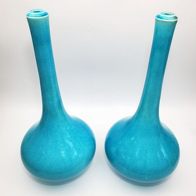 Pair of Old Blue Glaze Lamp Vases. Condition: As is. Dimensions: H- 17" Each. Provenance: From 