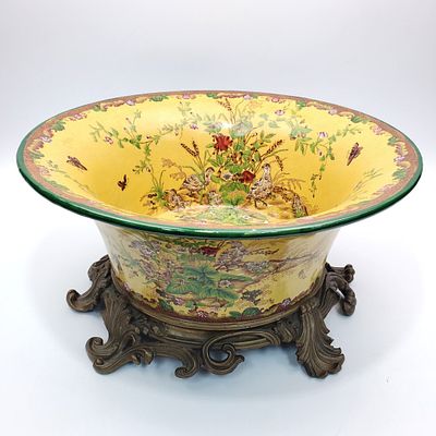 Chinese Bronze Mounted Porcelain Large Bowl. Condition: Excellent. Dimensions: Dia-14" x H-7". 