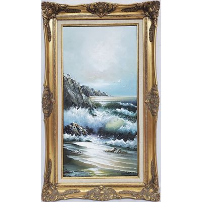 Vintage Signed Painting Oil on Canvas Board. "Seascape". Signed Lower Right. In Original Frame. 