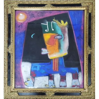 Justin Love, American (Late 20th C.) Painting Pastel on Paper "Neo Expressionist". Signed Lower 