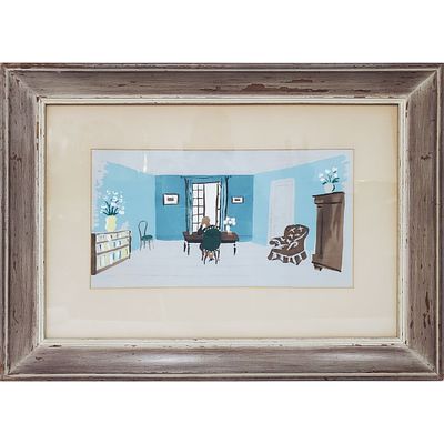 Painting Acrylic on Paper. "Interior Scene". Apparently Unsigned. In Original Frame Under 