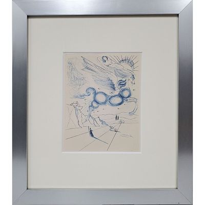 Salvador Dali, Spanish (1904-1989) Etching in Blue Ink on Paper "Pegasus in Flight w/ an Angel" 