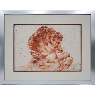 Leroy Neiman, American (1921-2021) Drawing Pastel on Handmade Paper "Small Hand Carved Wooden 