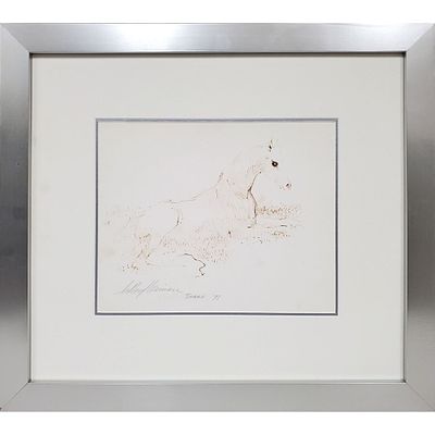 Leroy Neiman, American (1921-2021) Drawing Ink on Paper "Seated Horse". Signed Lower Left 