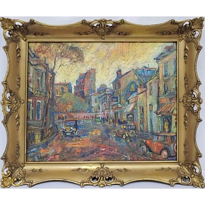 Abraham Manievich, Russian/American (1881-1942) Painting Oil on Board. "Paris Street Scene". 