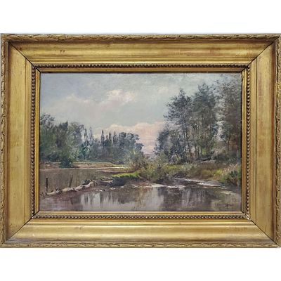 Antique French Signed Oil on Board "Quiet Stream". Signed Illegibly Lower Right. Probably Circa 