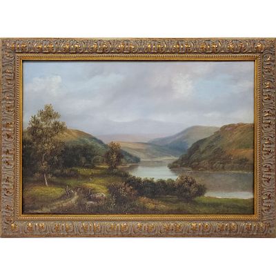 Antique Signed Painting Oil on Canvas "Serene River Scene". Signed Lower Left. Condition: 