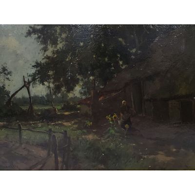 Antique Signed Painting Oil on Masonite "Farmhouse Scene". Signed Lower Left. Probably Dutch. 