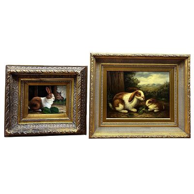 2 Vintage Signed Paintings Oil on Canvas"Rabbits". Lot of 2 Vintage Signed Paintings Oil on 