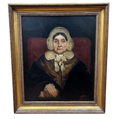 Large Antique Painting Oil on Canvas "Lady in Lace Bonnet" Described On The Verso. Painted By 