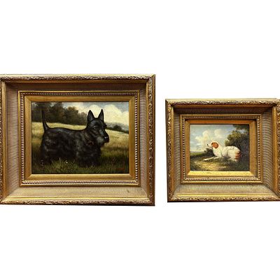 2 Signed Paintings Oil on Canvas "Dogs in a Field". Lot of 2 Vintage Signed Paintings Oil on 
