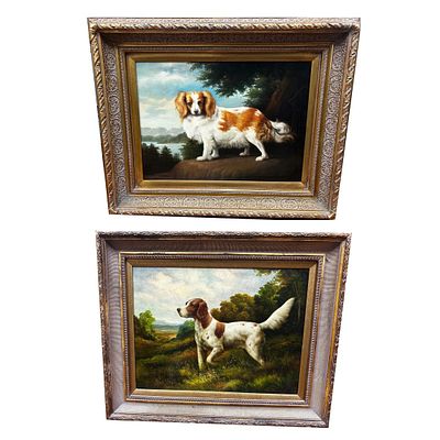 2 Signed Paintings Oil on Canvas "Dogs in a Field". Lot of 2 Signed Vintage Paintings Oil on 