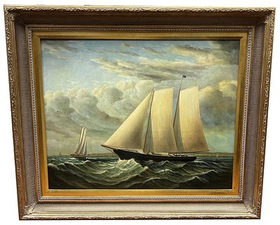 Vintage Signed Panting Oil on Canvas "Nautical Marina Scene of Schooner". Signed Lower Right. 