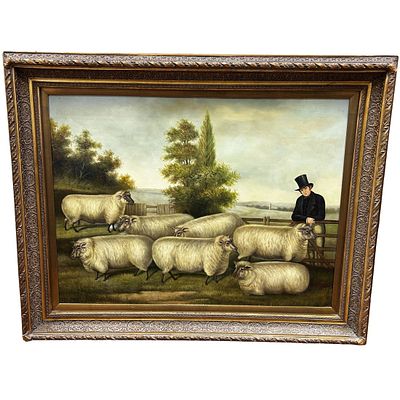 Vintage Signed Monumental Painting Oil on Canvas Folk Art "Man With Sheep". In Beautiful 