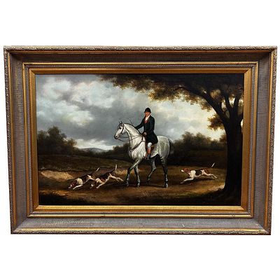 Vintage Signed Large Painting Oil on Canvas "Jockey &amp; Dogs". In Beautiful Original Frame. 
