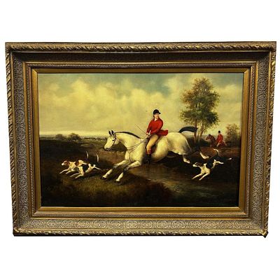 Vintage Signed Large Painting Oil on Canvas "Jockey &amp; Dogs". In Beautiful Original Frame. 