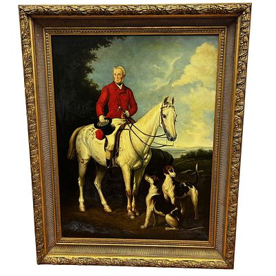 Vintage Signed Large Painting Oil on Canvas "Jockey &amp; Dogs". In Beautiful Original Frame. 