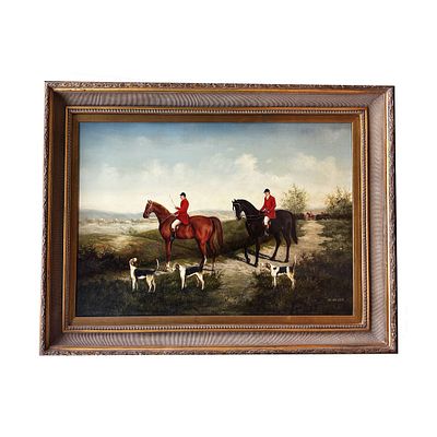 Vintage Signed Large Painting Oil on Canvas "Jockeys &amp; Dogs". In Beautiful Original Frame. 