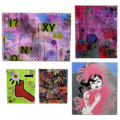 Lot of 5 Modern Paintings Oil on Canvas. 4 Are Signed "Mez" &amp; Dated. All Unframed. 