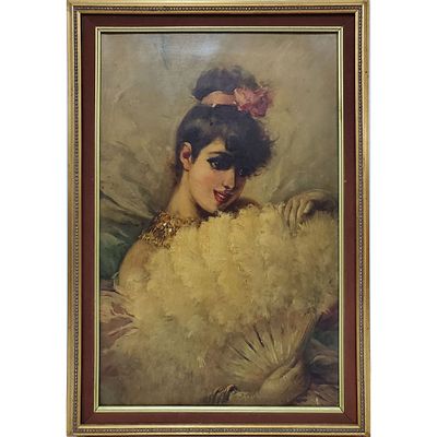 Signed Belle Epoque Painting Oil on Canvas "Woman With a Fan". Probably Belgium or Dutch. 