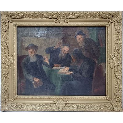 Judaica Antique Painting Oil on Canvas "The Discussion". Appears to Be Unsigned. In Original 