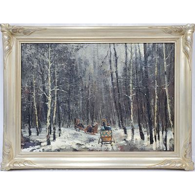 Signed Russian Painting Oil on Canvas "Horse-Drawn Sleds In a Snowy Forest". Signed On The 