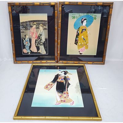 Lot of 3 Antique Japanese Works of Art Including 2 Signed Paintings on Silk Along w/ an Old 