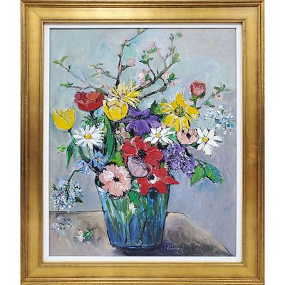 Signed "Girard" Painting Oil on Canvas "Flowers in a Vase". Signed Lower Right. In Original 