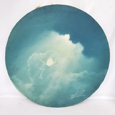 Signed Circular Painting Oil on Canvas on Wood "Bird in The Clouds". Signed Lower Right. 