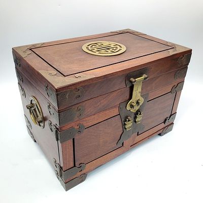 Chinese Wood Jewelry Box w/ Bronze &amp; Brass Elements &amp; 2 Handles. Condition: Generally 