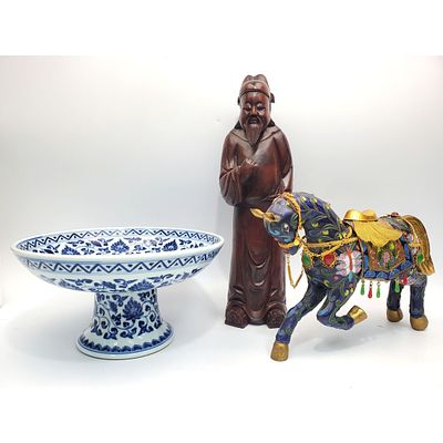Lot of 3 Chinese Items Including Cloisonne Horse, Carved Wood Buddha Figure &amp; a Blue &amp; 