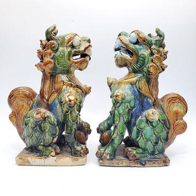 Pair of Chinese Old Glazed Terracotta Foo Lions. Pair of Chinese Old Glazed Terracotta Foo Lion 