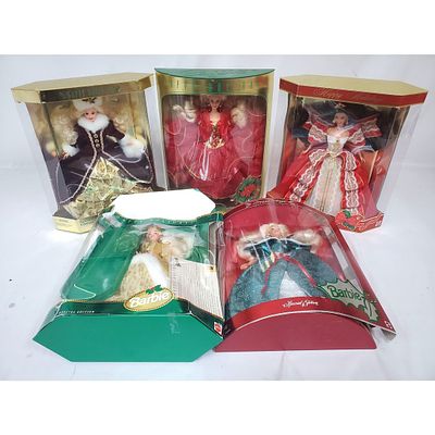 Lot of 5 Holiday Barbie Dolls Including 1993, 1994, 1995, 1996, &amp; 1997 Editions. All Are in 
